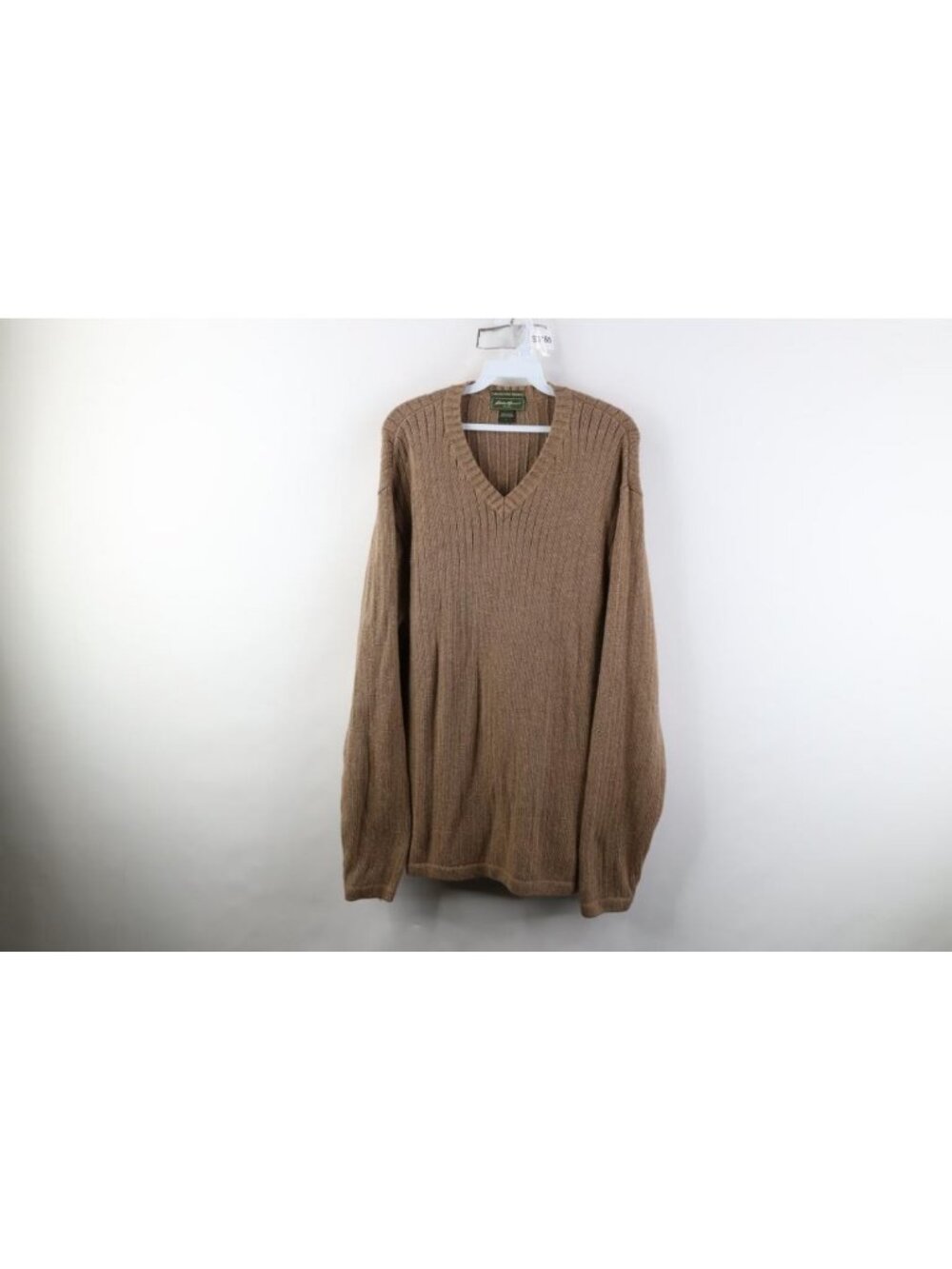 Vintage Eddie Bauer Mens Large Blank Cotton Ribbed Knit V-Neck Sweater Beige